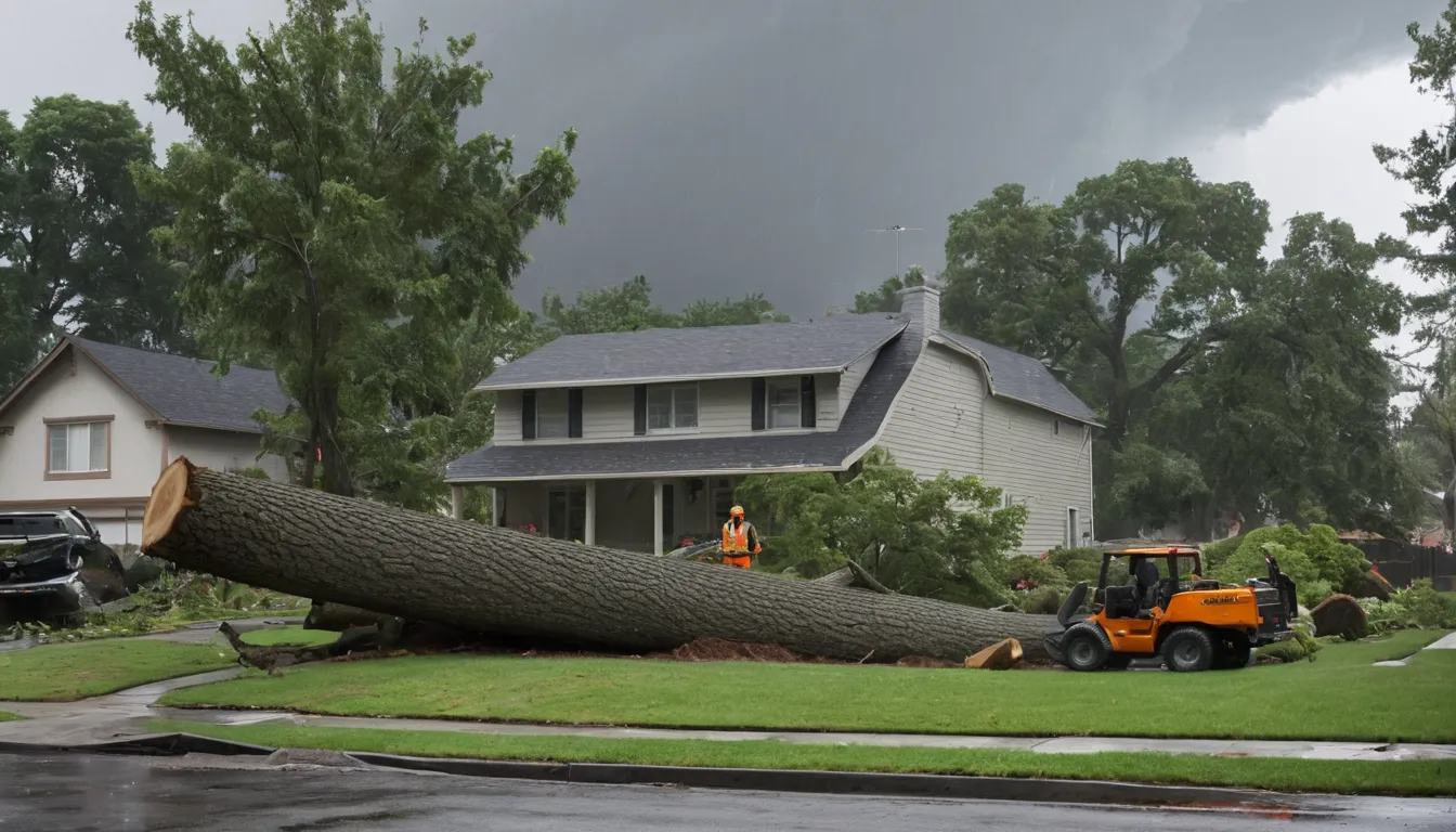 Friendly tree removal provider in safety gear assessing a fallen tree beside a house in Crete after a storm