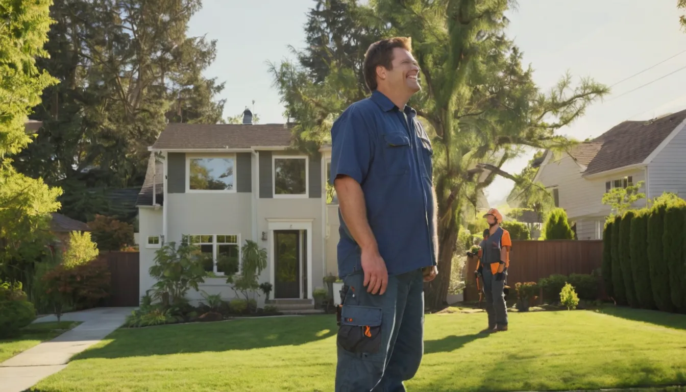A homeowner and a tree removal provider talking beside a large backyard tree in Crete