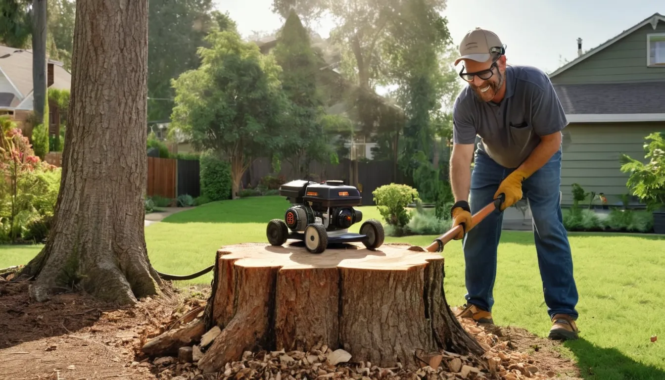 Provider grinding an old tree stump in a residential backyard in Crete